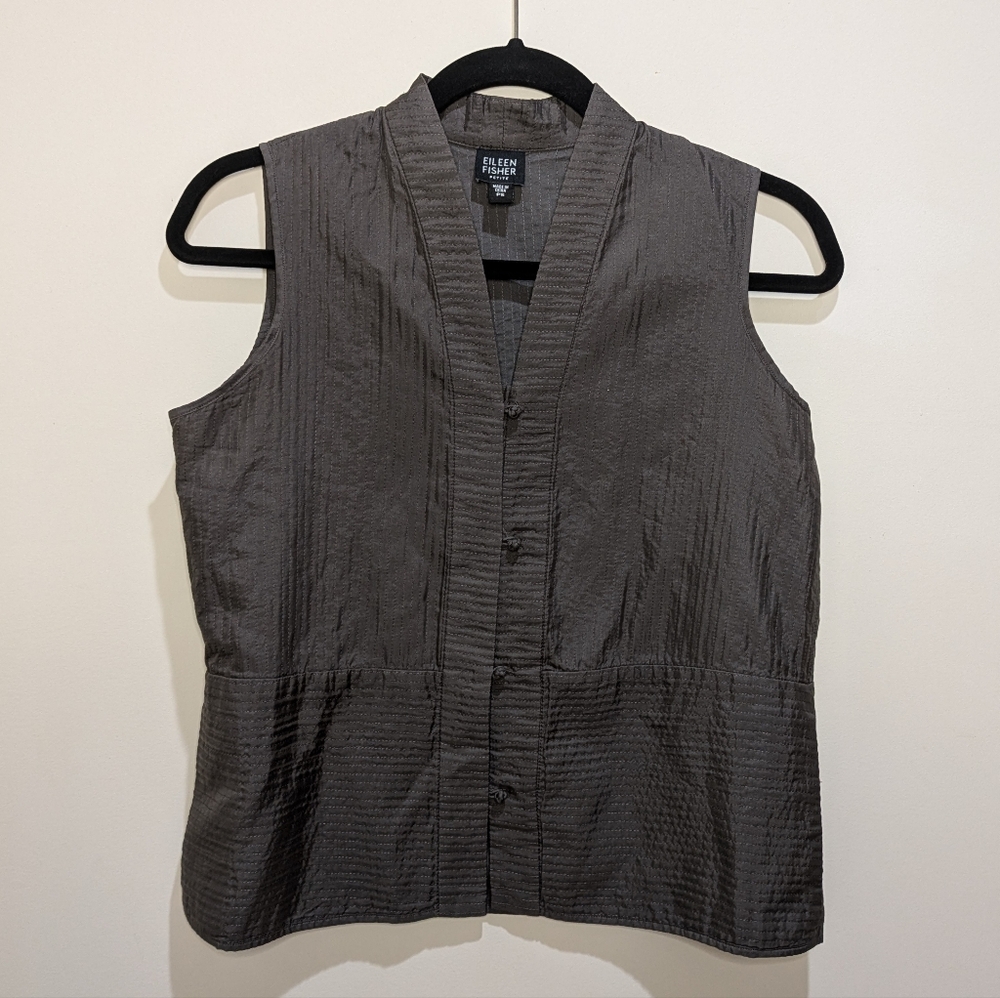 Eileen Fisher Petite Vest Metallic Silver 100% Silk  Button Pockets Sz PS Small